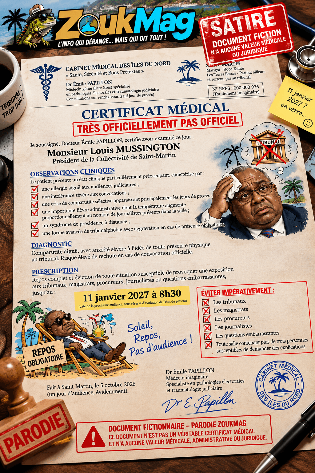🩺 CERTIFICAT MÉDICAL TRÈS OFFICIELLEMENT PAS OFFICIEL certificat satirique tropical zoukmag
