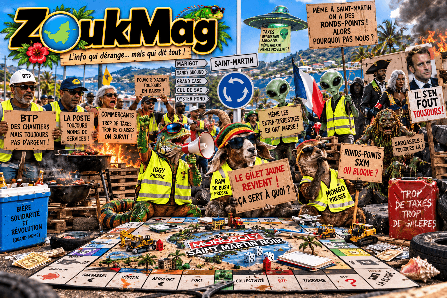 GILETS JAUNES : IGGY, RAM ET MONGO ENFILENT LE FLUO… SAINT-MARTIN, PRÉPARE TON ROND-POINT ! révolte au rond point de saint martin